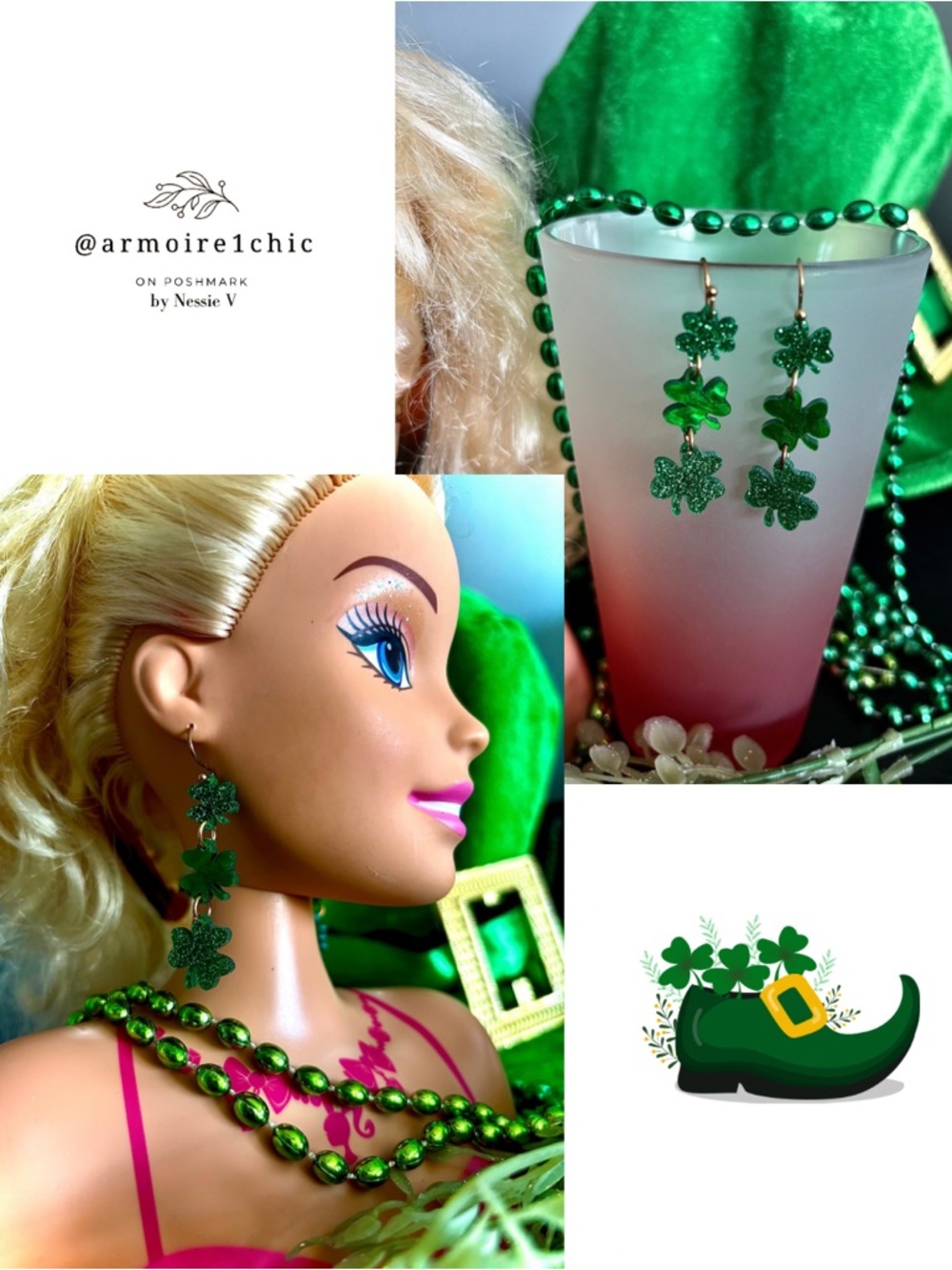 GREEN SPARKLE SHAMROCK TRIO DANGLING EARRINGS | on Rose Gold Toned French Hooks